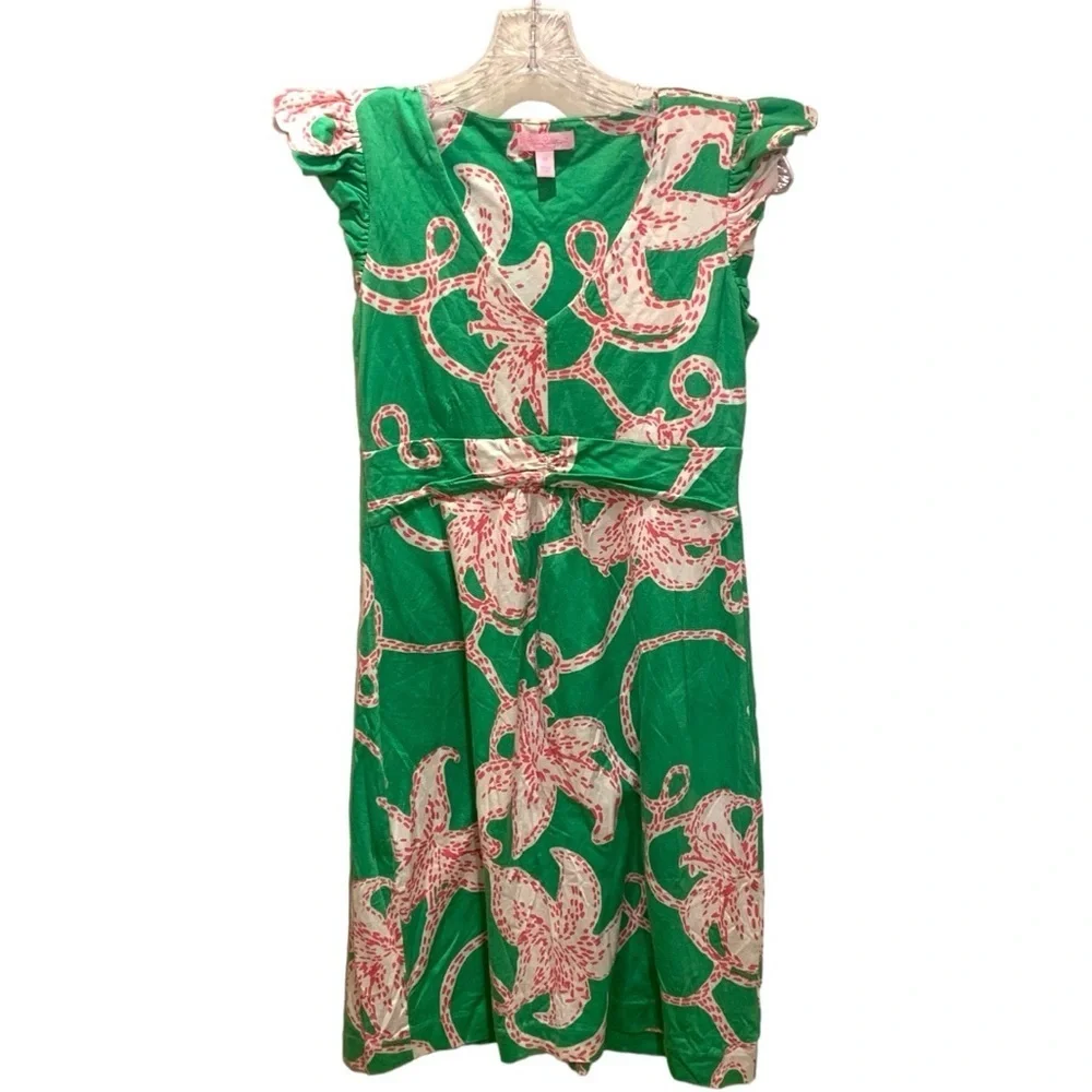 Lilly Pulitzer Womens A Line Dress Green Floral Empire Waist V Neck Coastal XS
